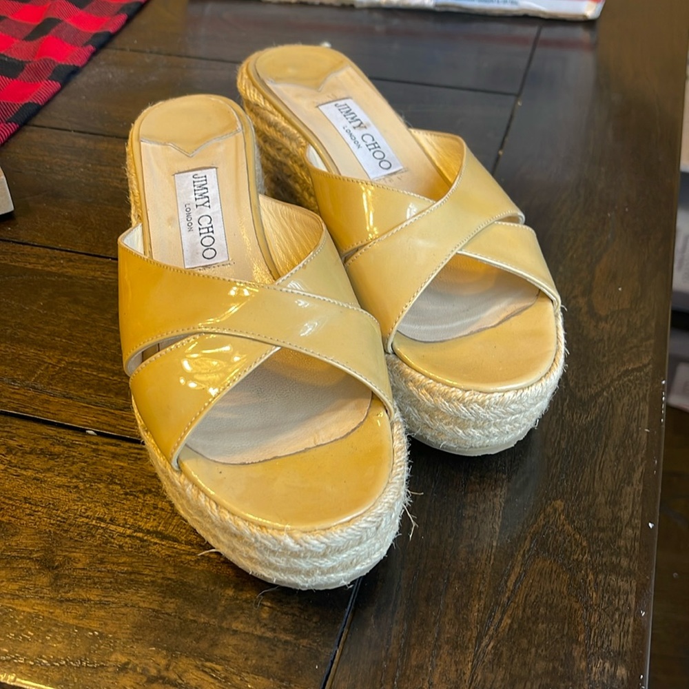 Jimmy Choo beige patent leather cross cross wedge sandal size 37.5